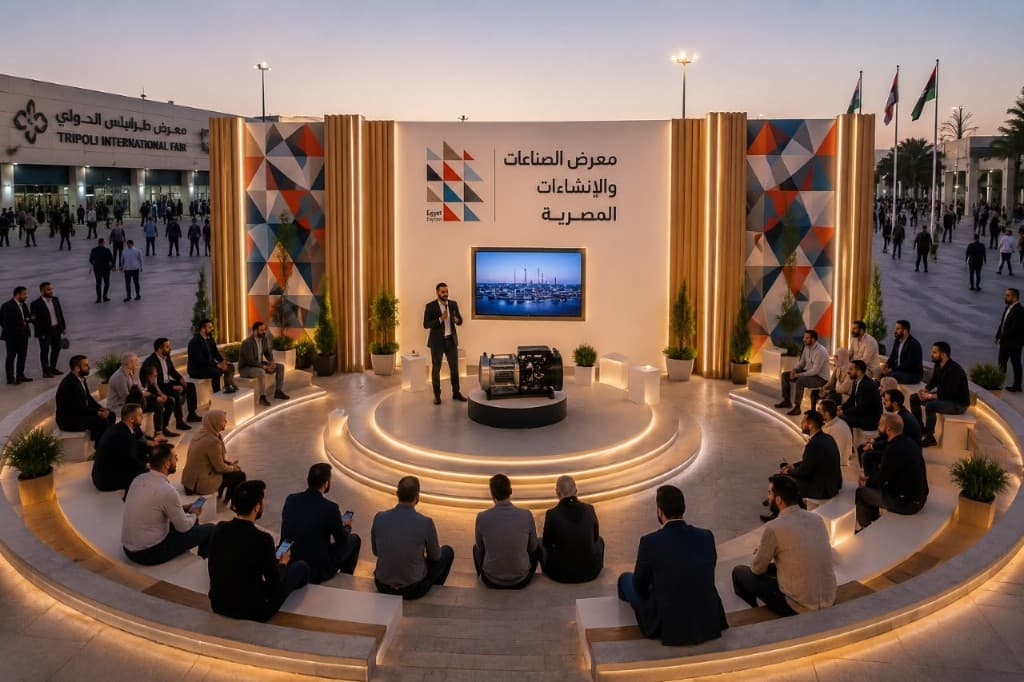Outdoor presentation stage for the Egyptian Construction and Industries Exhibition at Tripoli International Fair